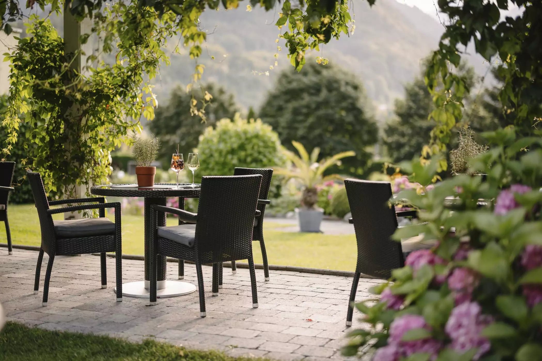 Terrasse unter einer grünen Weinlaube mit schwarzem Gartentisch und Stühlen, dekoriert mit einem Blumentopf und zwei Gläsern Aperitif, umgeben von Blumen und Garten.